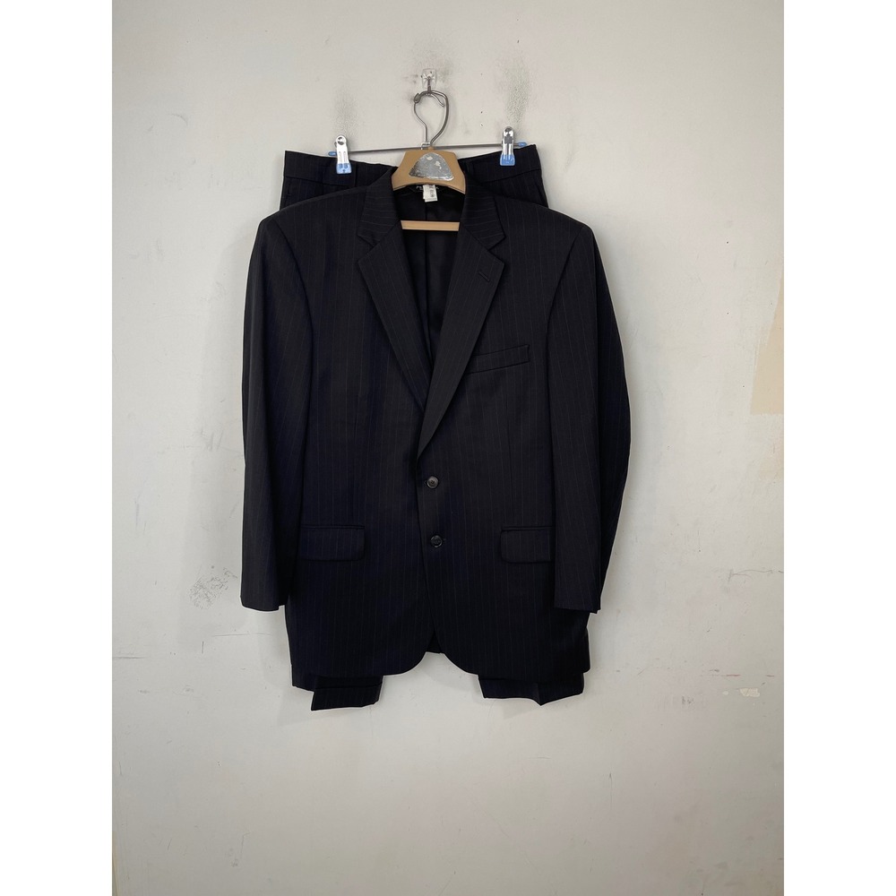 Jos A Bank Travelers Collection Mens 42SH Suit Black Pinstripe Wool Gordon 36x27